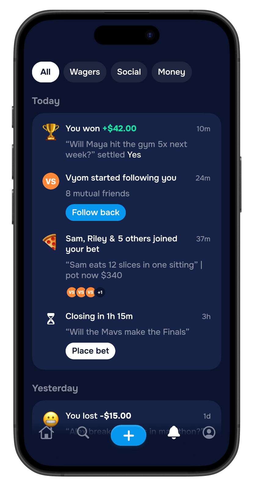 Shake app activity feed showing social bets with friends